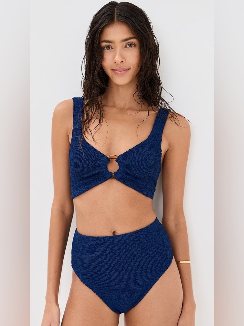 NEW Hunza G Bikini SET Nadine Navy Blue Brown Swimsuit Swimwear Crinkle Denim